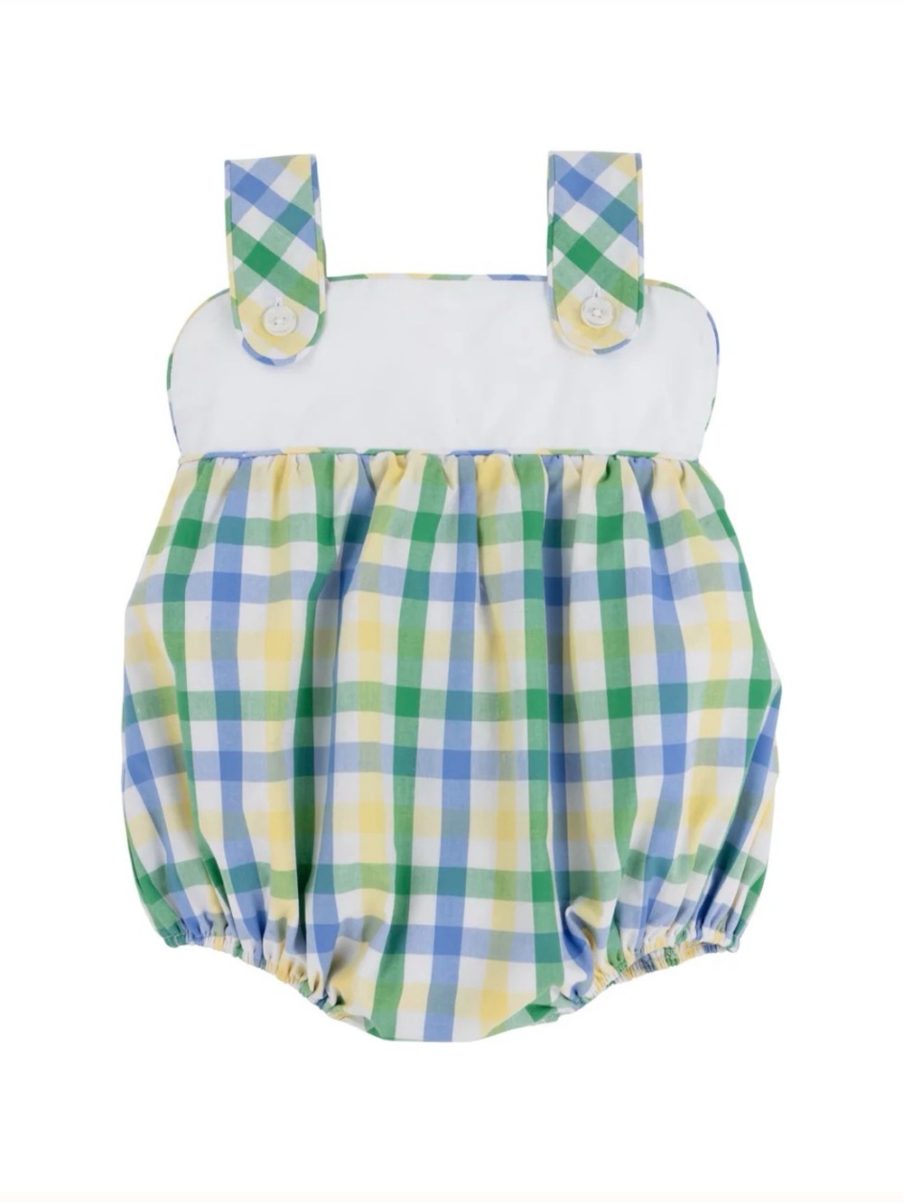 Beaufort Bonnet Bingham Bubble Romper in Pastel Blue, Yellow & Green 12-18m
